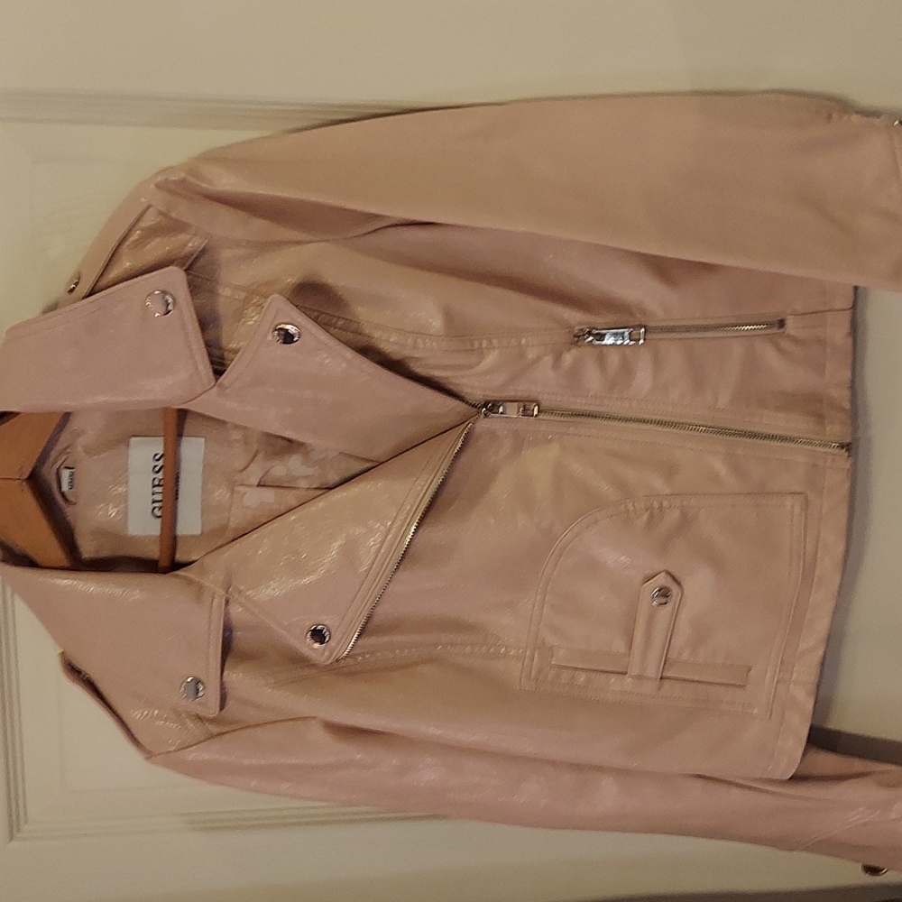 Guess Faux Leather Moto Jacket Snake Embossed Print Medium Pastel Pink